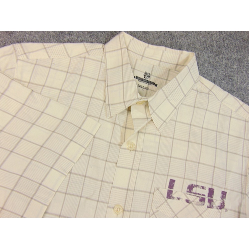 LSU Button Down Shirt Men Large Cream Plaid Short Sleeve ESPN U Tigers Fan Gear